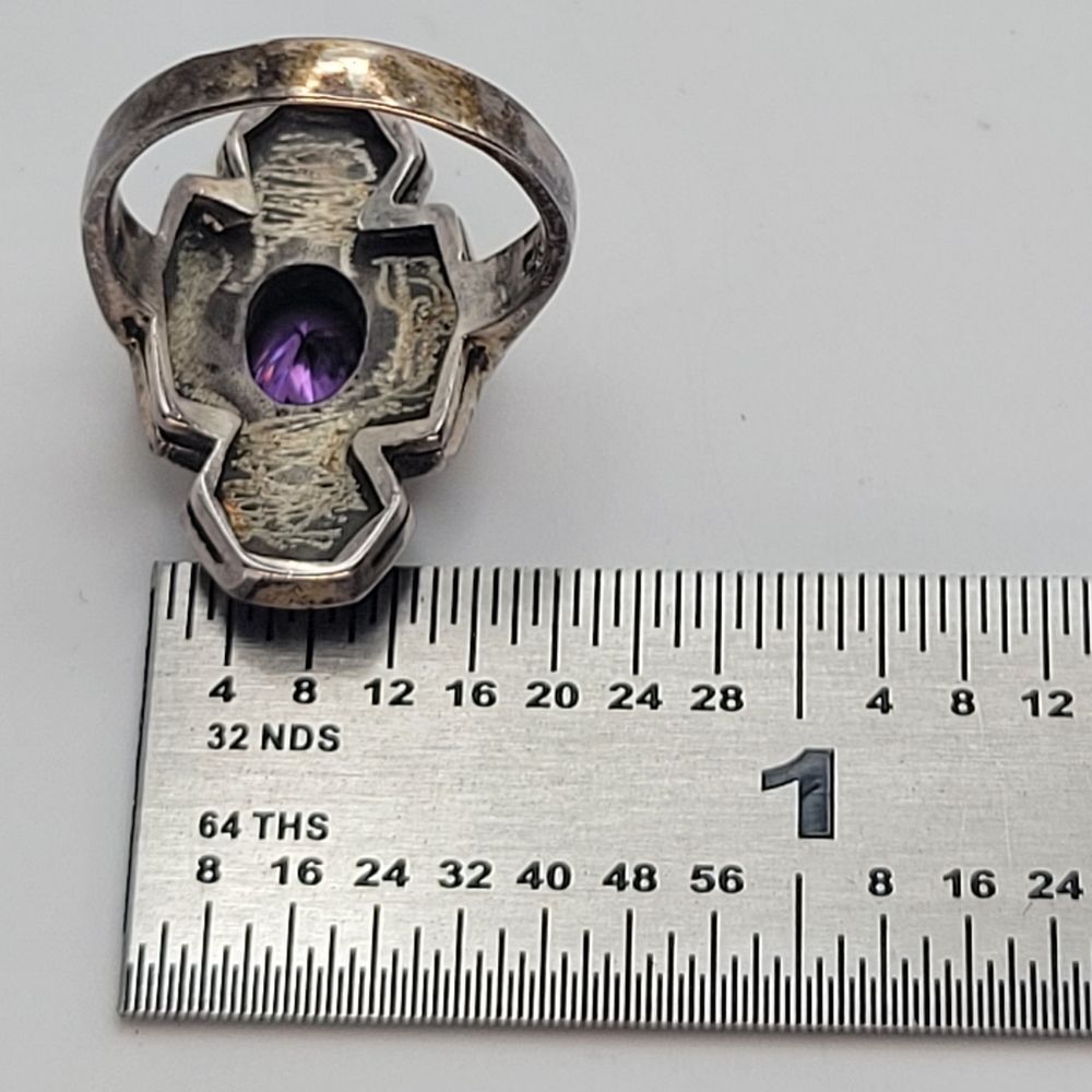 Sterling Silver Purple Glass Center Onyx Art Deco Style Ring Size 5 1/4 - Picture 9 of 13